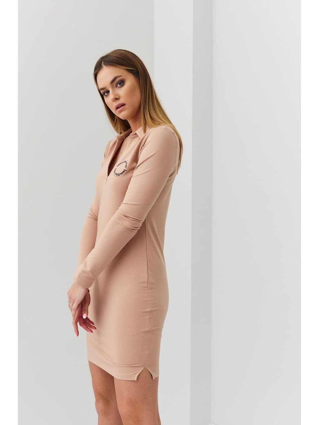 Basic dress with a collar, beige FI652 - Online store - Boutique